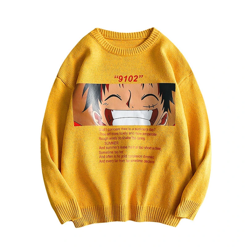 Yellow Японские Аниме Горячие цельный зимний унисекс свитер мужской мультфильм Луффи Пара свободные Harajuku пуловер мужской хип-хоп мужские свитера - Цвет: Yellow