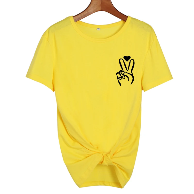 yellow-black Эстетические милые футболки с графическим рисунком для женщин Harajuku Kawaii Футболка Love Peace Freedom сердце ногти Пальцы Tumblr модная женская футболка - Цвет: yellow-black