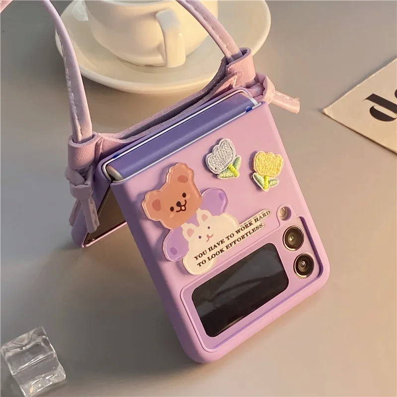 

Crossby Case for Samsung ZFlip3 Cover Purple Letter Bear Flower Women F7110 Christmas Gift Conque for Z Flip 3 Cases 5G