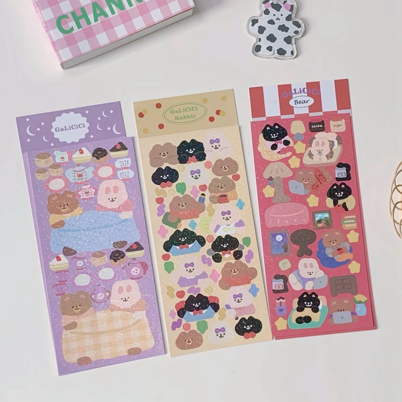1pc Korea Ins Cute Bear Rabbit Laser Flash Sticker Waterproof Diy Star Chaser Card Hand Account Mobile Phone Aesthetic Sticker Assorted Stickers Aliexpress