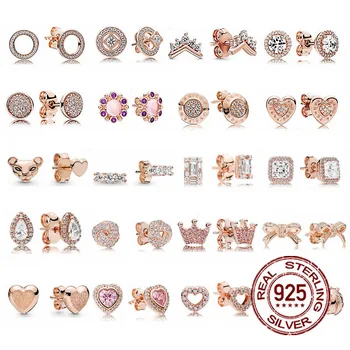 

Rose Gold Fit Original 925 Sterling Silver Round Heart Full Crystal Stud Earrings Women Fine Jewelry Valentine's Day Gifts