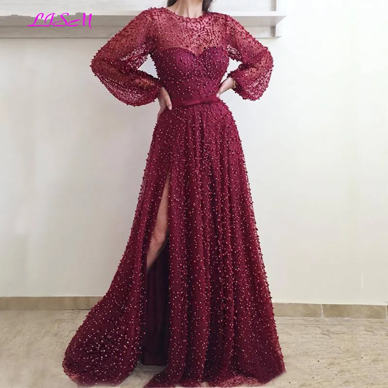 

Luxury O-Neck Heavy Pearls Burgundy Long Sleeves Evening Dresses Sexy Slit Belt Sweep Train Formal Prom Dress