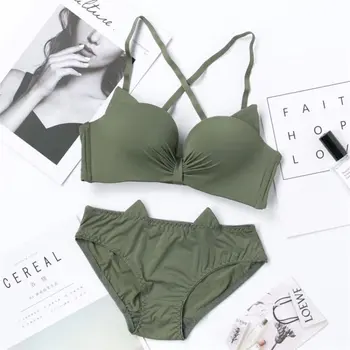 

EFINNY Cute Cat Ears Bra Set Wire Free Seamless Cross Beauty Back Gathered Push Up Bra + Briefs Set