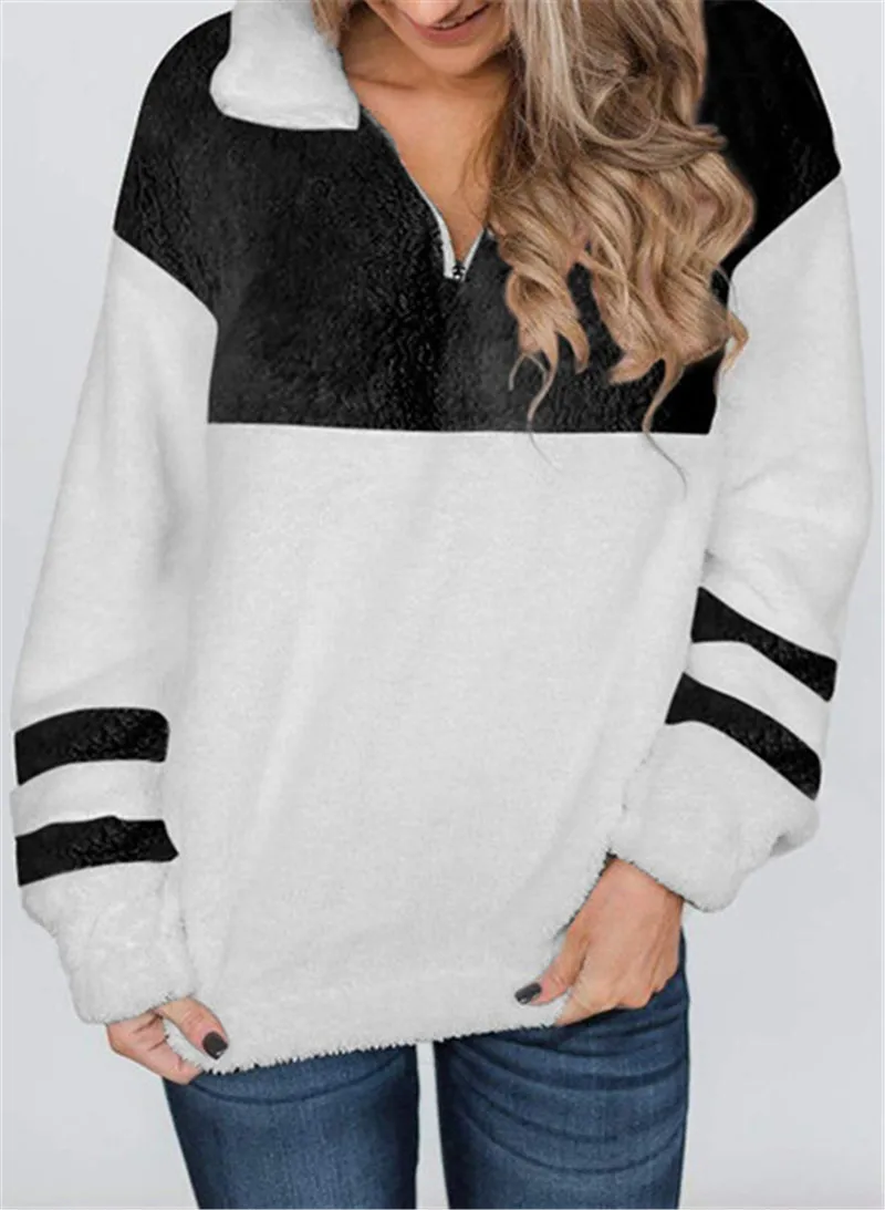 

Plush Pullover Top Women Color Block Sweatshirt Autumn Winter Adults Loose Long Sleeve Zipper High Collar Pullover For Women