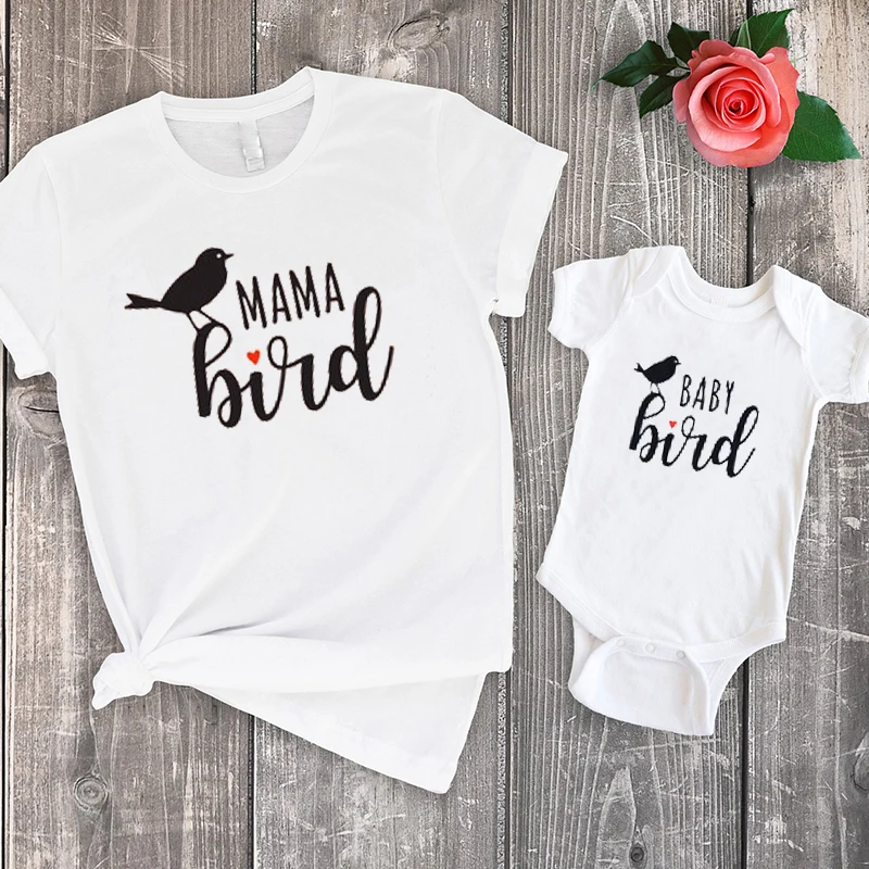 Mama Bird Shirts Set Casual Print Matching Tee Baby Mom and Daughter Clothes | Мать и ребенок