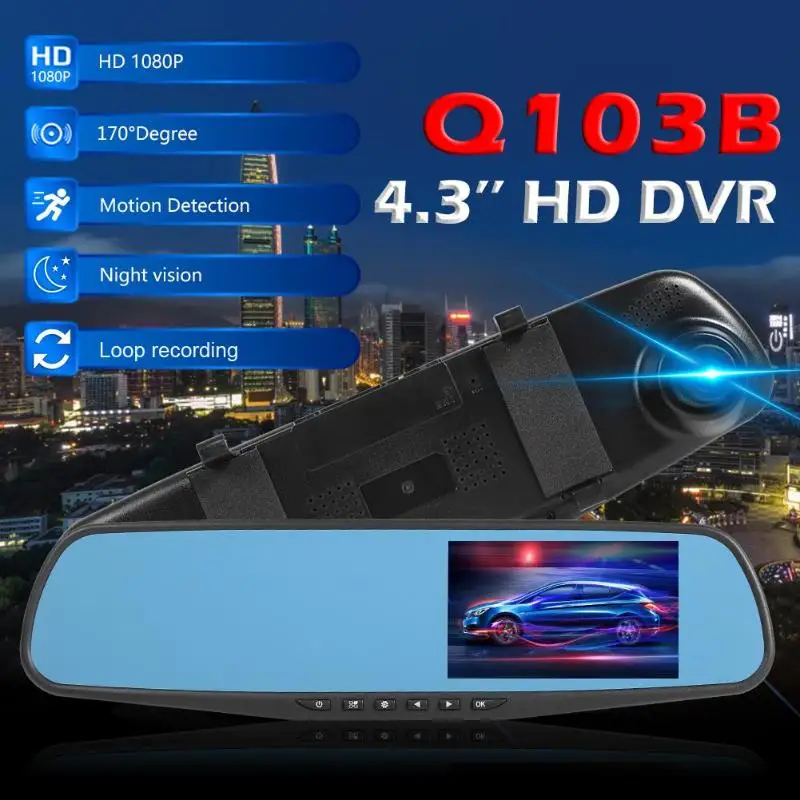 1080p Q103B HD Автомобильное зеркало заднего вида Dashcam DVR с камерой заднего вида с поддержкой карт TF 16 ГБ бесшовная запись Многоязычная