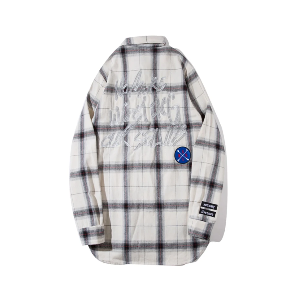 Camisa Masculina, Мужская Осенняя уличная длинная клетчатая рубашка с отворотом, свободная вышитая рубашка с изогнутым подолом в стиле хип-хоп, мужская рубашка