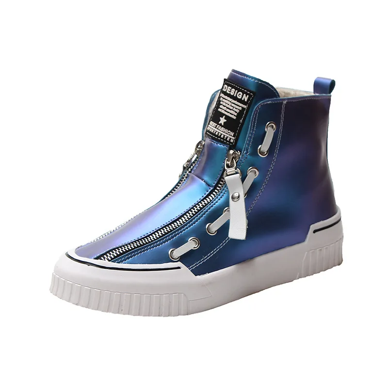 Winter Glitter Color Women High-top PU Sneakers Female Sports Skateboarding Shoes Zipper Plus Velvet Shoes Boots Wild Sneakers