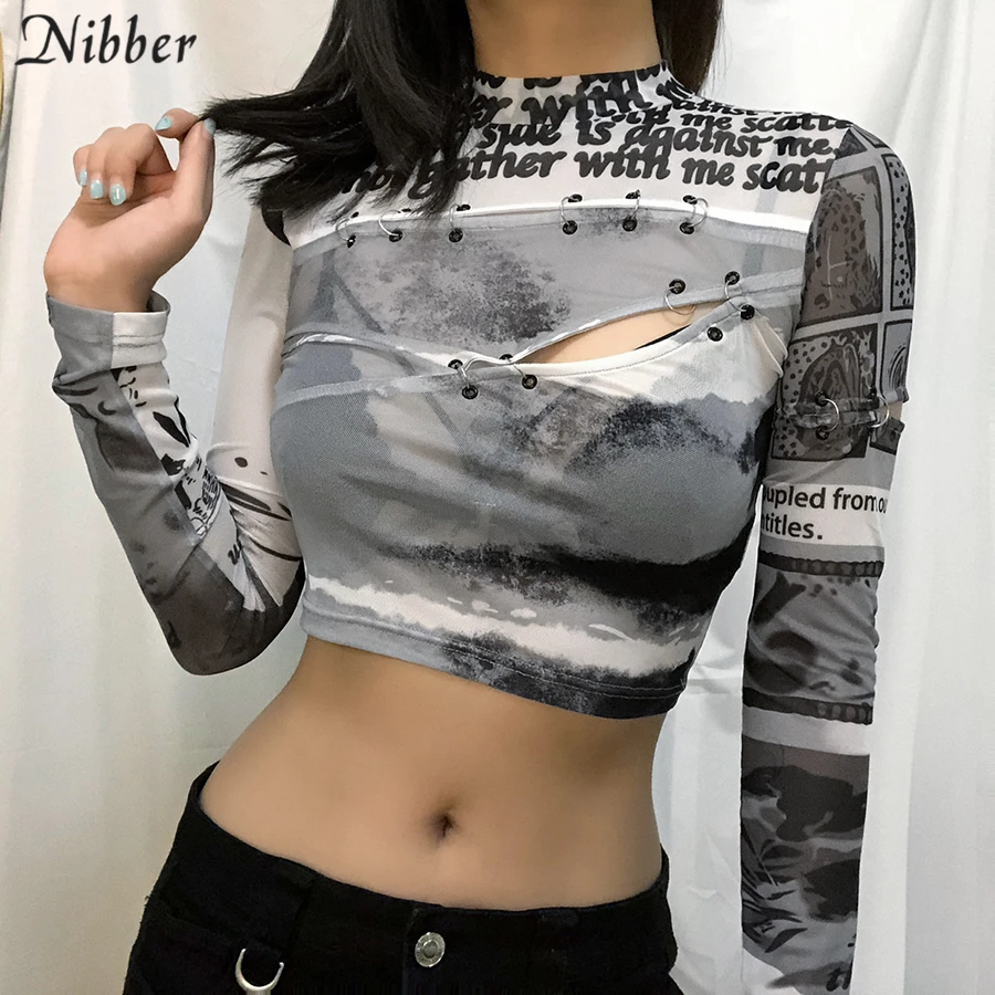 

Nibber Casual Pullover Chic Letter Graphic Half High Neck Hollow Crop Top Fall See Through Harajuku Street Y2k Top T-Shirt Women