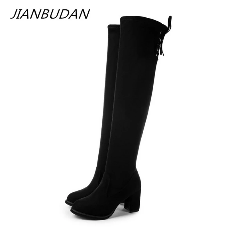 

JIANBUDAN Women's sexy autumn elasticity thigh boots High heel Lace-Up Over the knee boots Winter plush warm high boots 35-40
