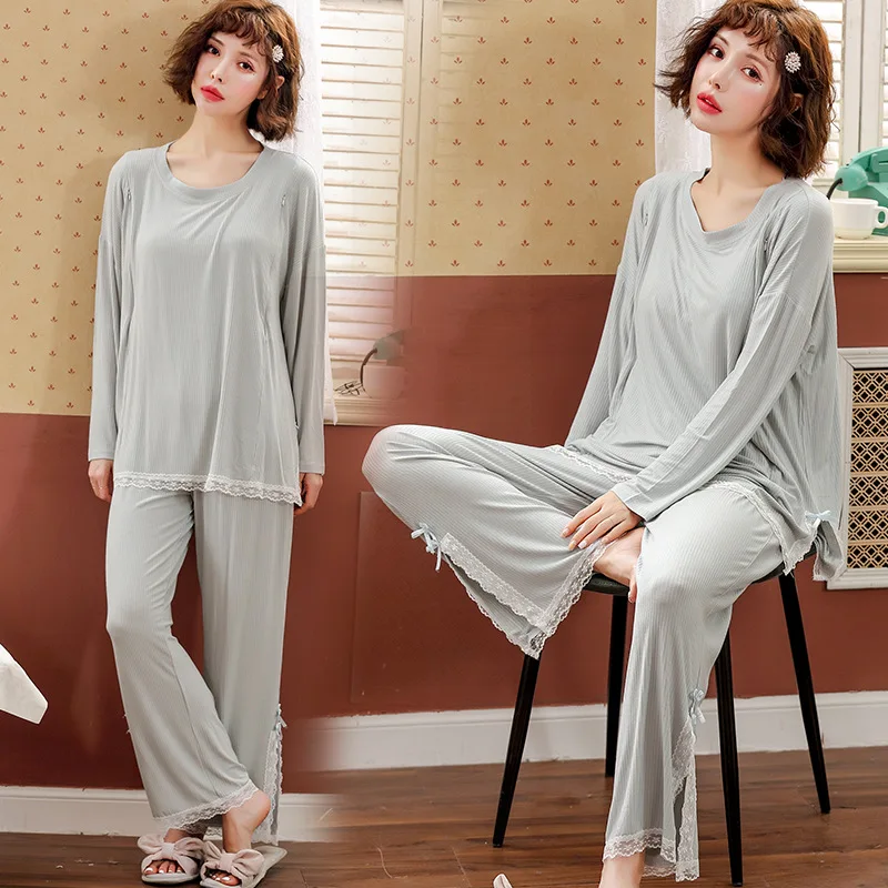 

1673 # Vertical Stripes Solid Color Pullover Sy Pregnant Women Confinement Clothing Long Sleeve Pajamas Homewear Set Series