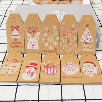 

100pcs Mixed Merry Christmas Series Tags With 10M Hemp Rope Christmas Tree Snowman Kraft Paper Label New Year Xmas Gift Box Tags