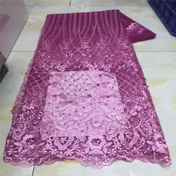 

African Net Milk Silk Lace beads Embroiderd High Quality French peach stones Lace Fabric Nigerian Lace Fabric For Wedding