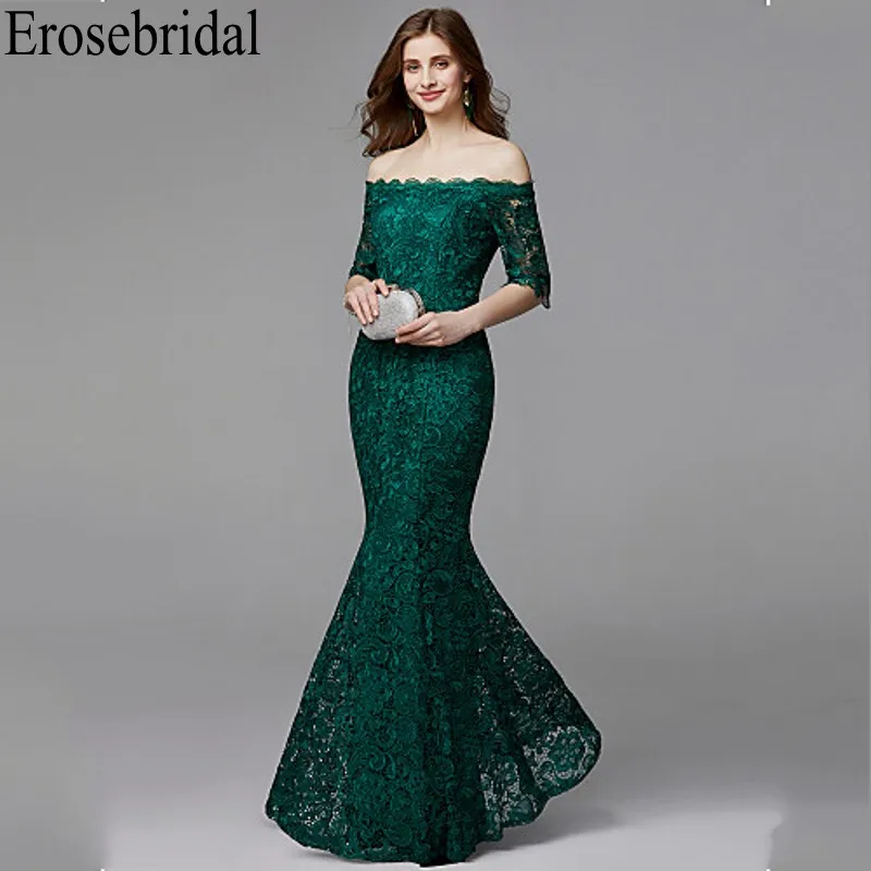 

Erosebridal Half Sleeve Long Formal Dresses Evening Gown for Women Elegant Boat Neck Long Evening Dress 2019 Emerald Green Dress