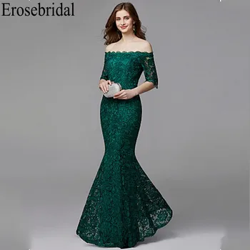 

Erosebridal Half Sleeve Long Formal Dresses Evening Gown for Women Elegant Boat Neck Long Evening Dress 2019 Emerald Green Dress