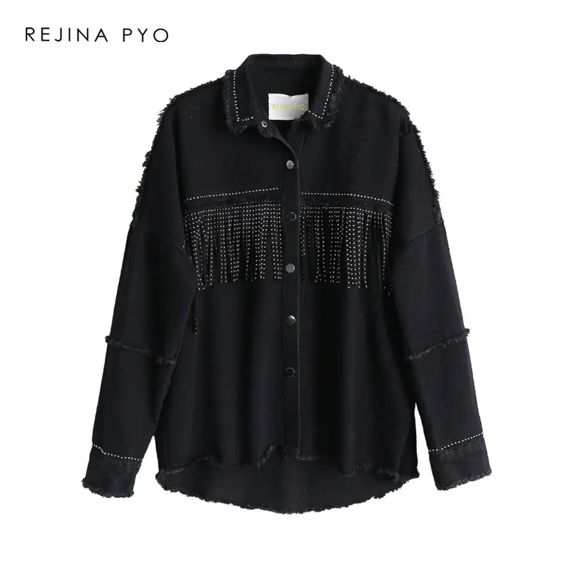 Promo  REJINAPYO Women Black High Quality Loose Denim Jacket Coat Sequined Tassels Streetwear All-match Me
