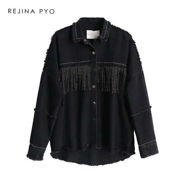 US $20.76 REJINAPYO Women Black High Quality Loose Denim Jacket Coat Sequined Tassels Streetwear All-match Me