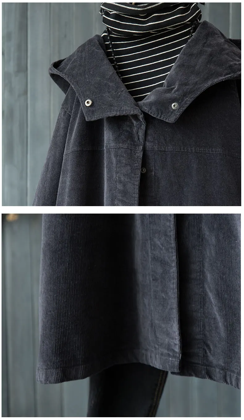 И художественный Ретро вельветовый Тренч с капюшоном Женский однотонный большой размер средней длины кардиган пальто осень