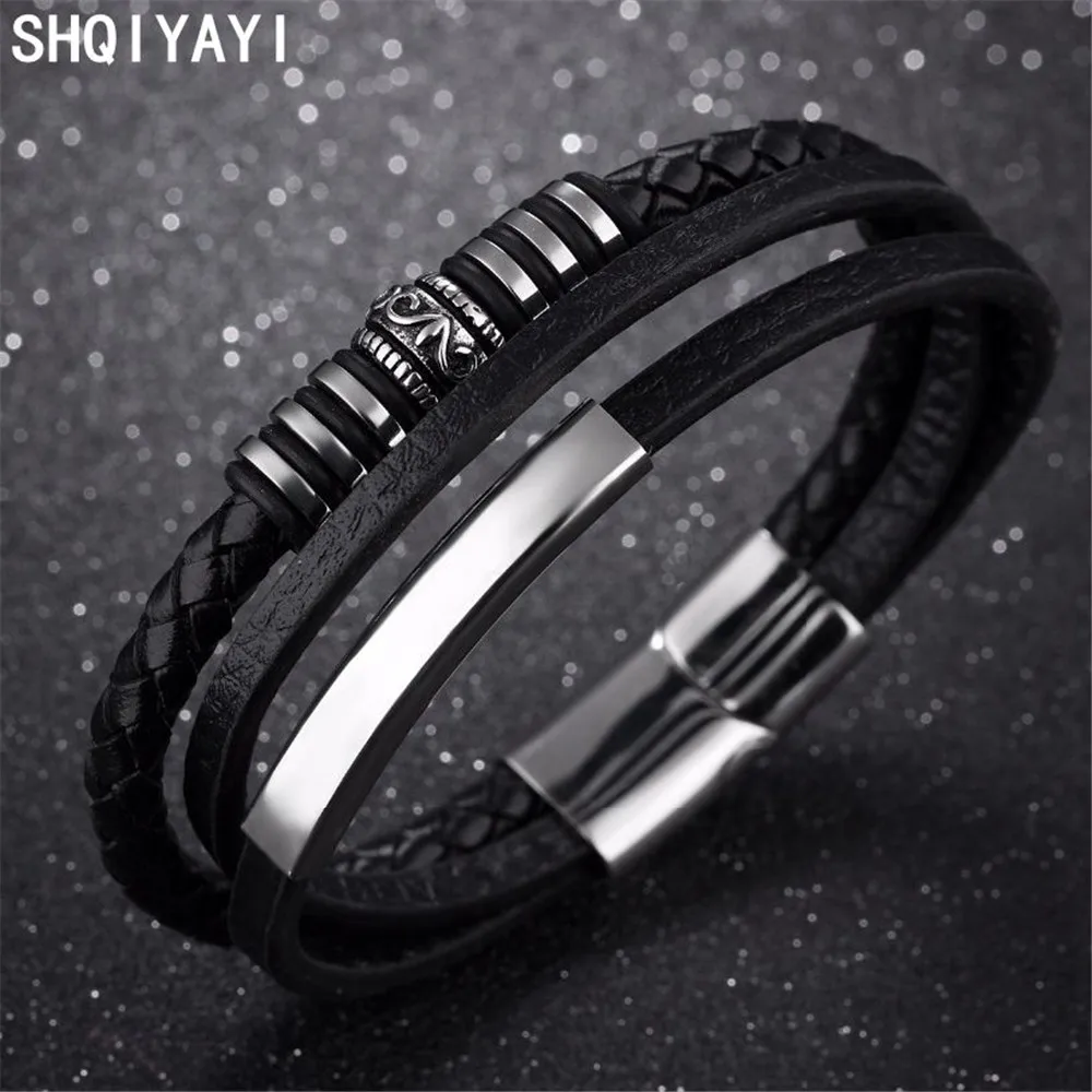 SHQIYAYI черный кожаный браслет для мужчин магнитная пряжка панк винтажная мода ювелирные изделия подарок из нержавеющей стали аксессуары 1162
