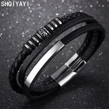 SHQIYAYI черный кожаный браслет для мужчин магнитная пряжка панк винтажная мода ювелирные изделия подарок из нержавеющей стали аксессуары 1162