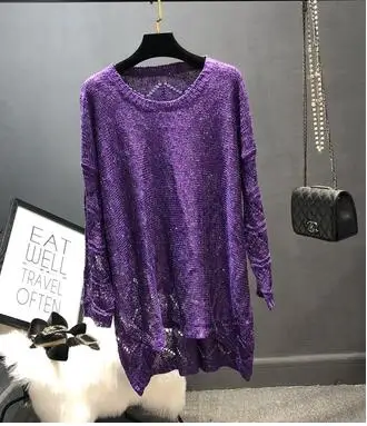 purple Qooth Блестящий свитер из люрекса, женский длинный джемпер с круглым вырезом, повседневный вязаный пуловер, Женский пуловер, шикарный ажурный свитер с пайетками QH2175 - Цвет: purple