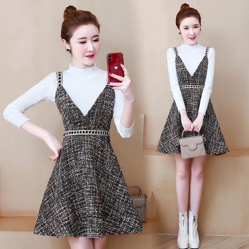 

Photo Shoot 2019 Winter New Style Woolen Suspender Strap Dress plus Knits Base Two-Piece Set