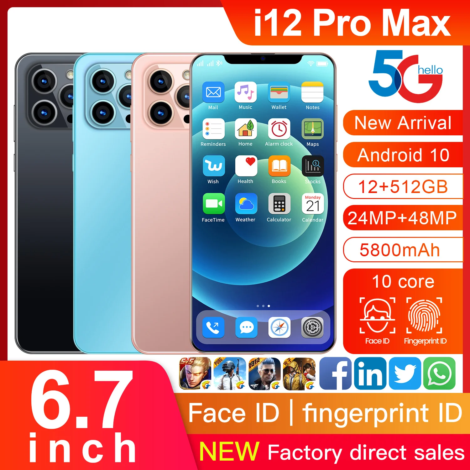 Global Version I12Pro Max 6.7 Inch Full-screen Smartphone 5800mAh 12+512GB 24+48MP Support Face ID 4G LTE 5G Network Mobilephone