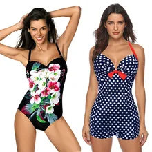2020 プッシュアップワンピースビキニ水着ブラジルビキニセクシーなヴィンテージレトロなドットプラスサイズ水着女性モノキニ水着ショーツ(China)