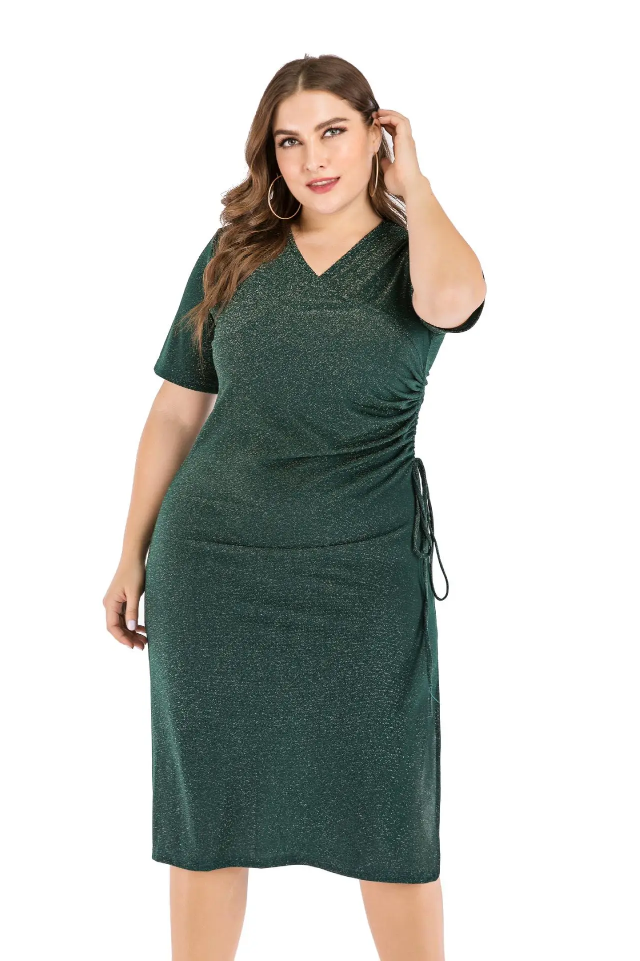 4XL 5XL женское весеннее блестящее платье большого размера элегантное офисное платье с v-образным вырезом и длинными Рюшами Плюс Размер облегающее женское Красное Ночное платье