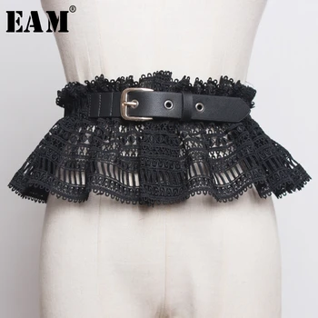 

[EAM] Pu Leather Lace Split Joint Long Wide Temperament Belt Personality Women New Fashion Tide All-match Spring 2020 1R982