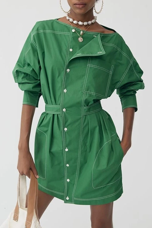 DEAT/ весенне-зимняя новая модная трендовая одежда однотонное зеленое кружевное платье с длинными рукавами и одним воротником WI341