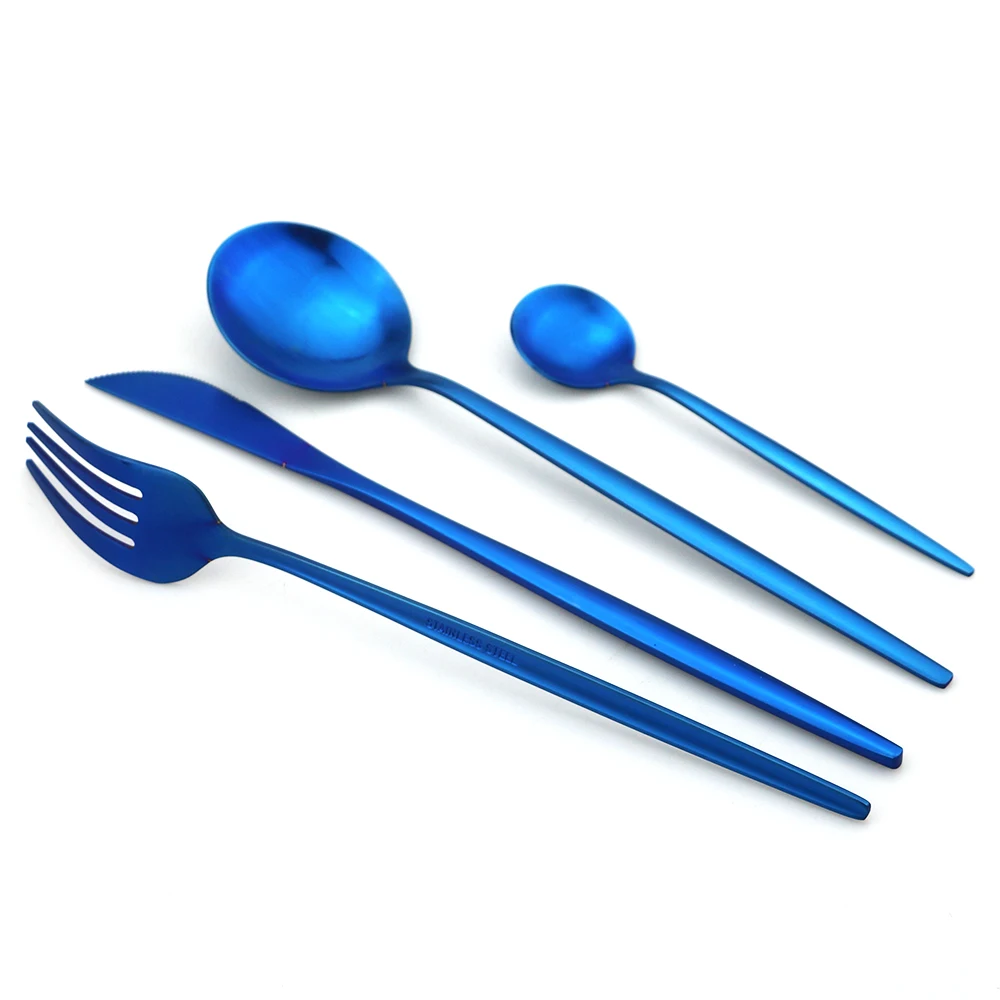 US $21.72 24pcs Blue Cutlery Set 410 Stainless Steel Dinnerware Set Knife Fork Spoon Luxuty Tableware Kitchen Dinner Silverware Flatware