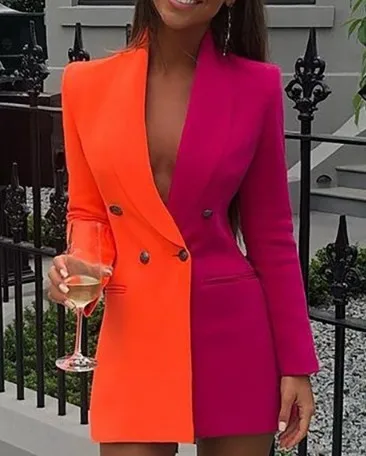 Long Sleeve Blazer Dress Contrast Stitching Large Professional V Neck Crepe Tuxedo Girl Fashion Gown Party Wear