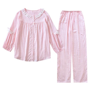 

Cute Doll collar Japanese pajama sets women sleepwear 100% gauze cotton sweet pure color long sleeve women pyjamas