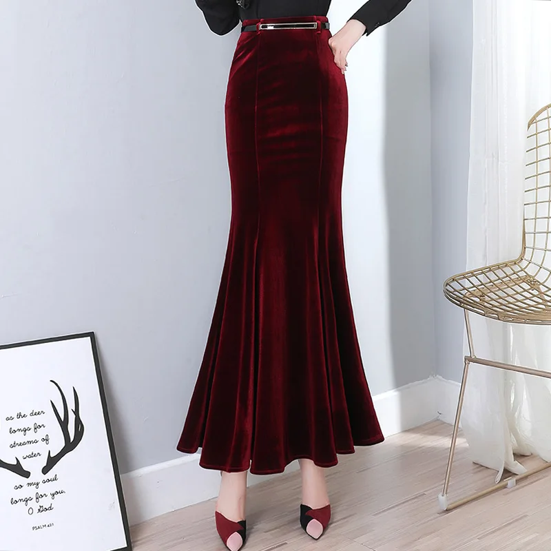 Vintage Black Velvet Maxi Skirt - Women's Elegant Mermaid Style with Belt image 5