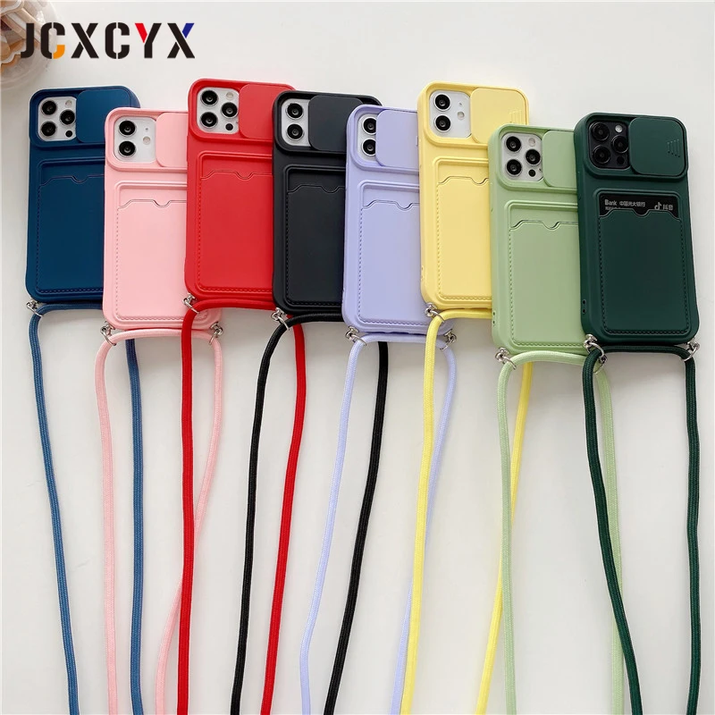 Camera Lens Wallet Card Crossbody Necklace Lanyard soft phone case for  iphone 15 14 13 12 Pro Max 11 MiNi X XR XS 7 8 Plus cover