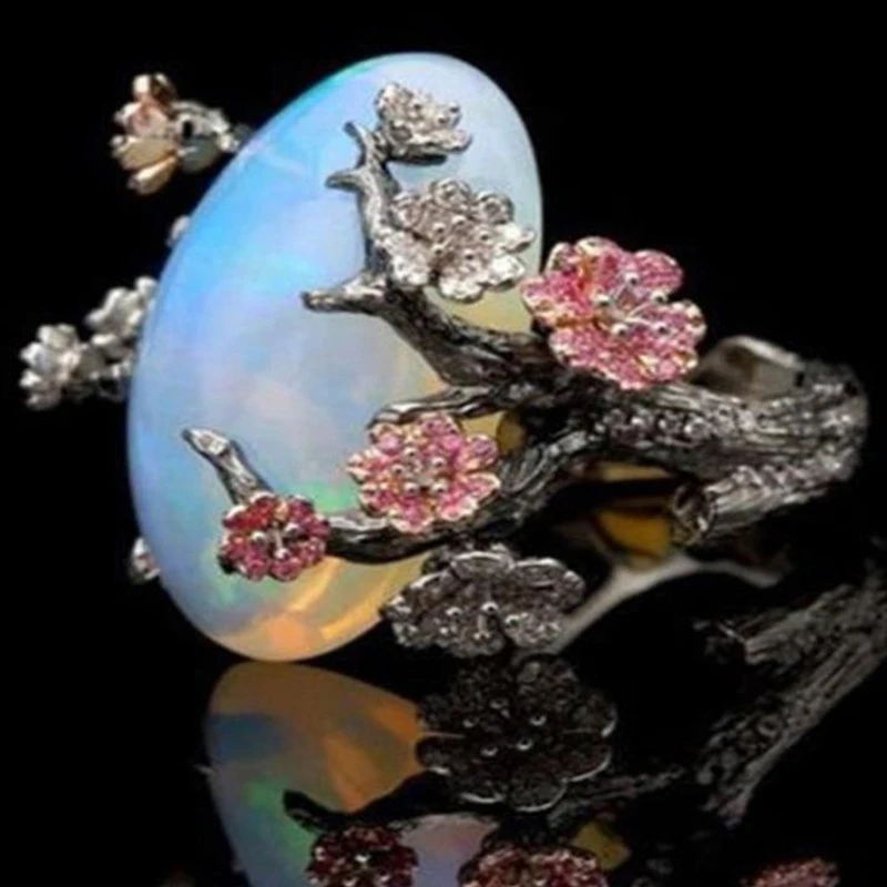 Milangirl Vintage Plum Tree Flower Ring Female New White Fire Opal Plum Moon Accessori Per Gioielli Anello Fashion Party