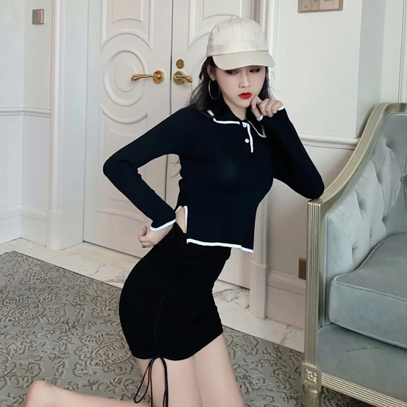 Women Autumn Polo Collar Knitted Sweater Solid Color Long-Sleeved Casual Slim Bottoming Tops Pull Femme Fashion