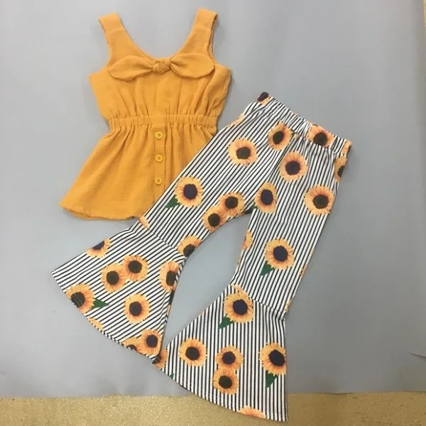 Осенний стиль, изысканные наряды для девочек горчичные брюки с подсолнухами, комплекты детской одежды 2GK906-1335