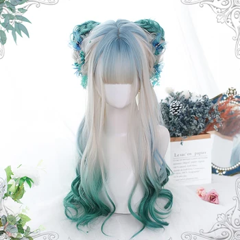 

Long Ombre Blue Pink Green Lolita Wig Harajuku Fairy Cosplay Wig Bangs Wave Curly Sweet Hairstyle Christmas Natural Hair