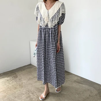 

princess lace stitching collar Long plaid dress with chic summer palace style dress