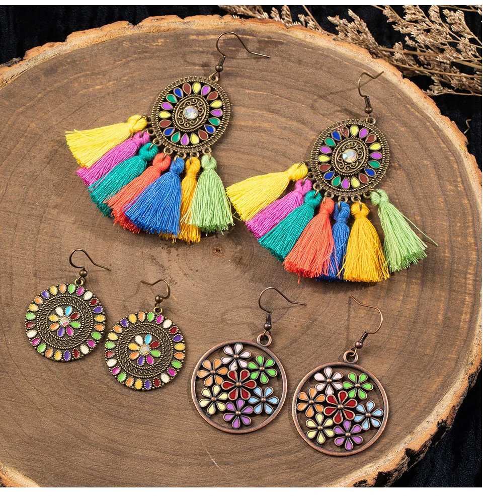 Bohemian Earrings Set Vintage Shell Tassel Oversize Round Hoop Dangle Drop Earrings For Women Indian Jewelry Party Gift