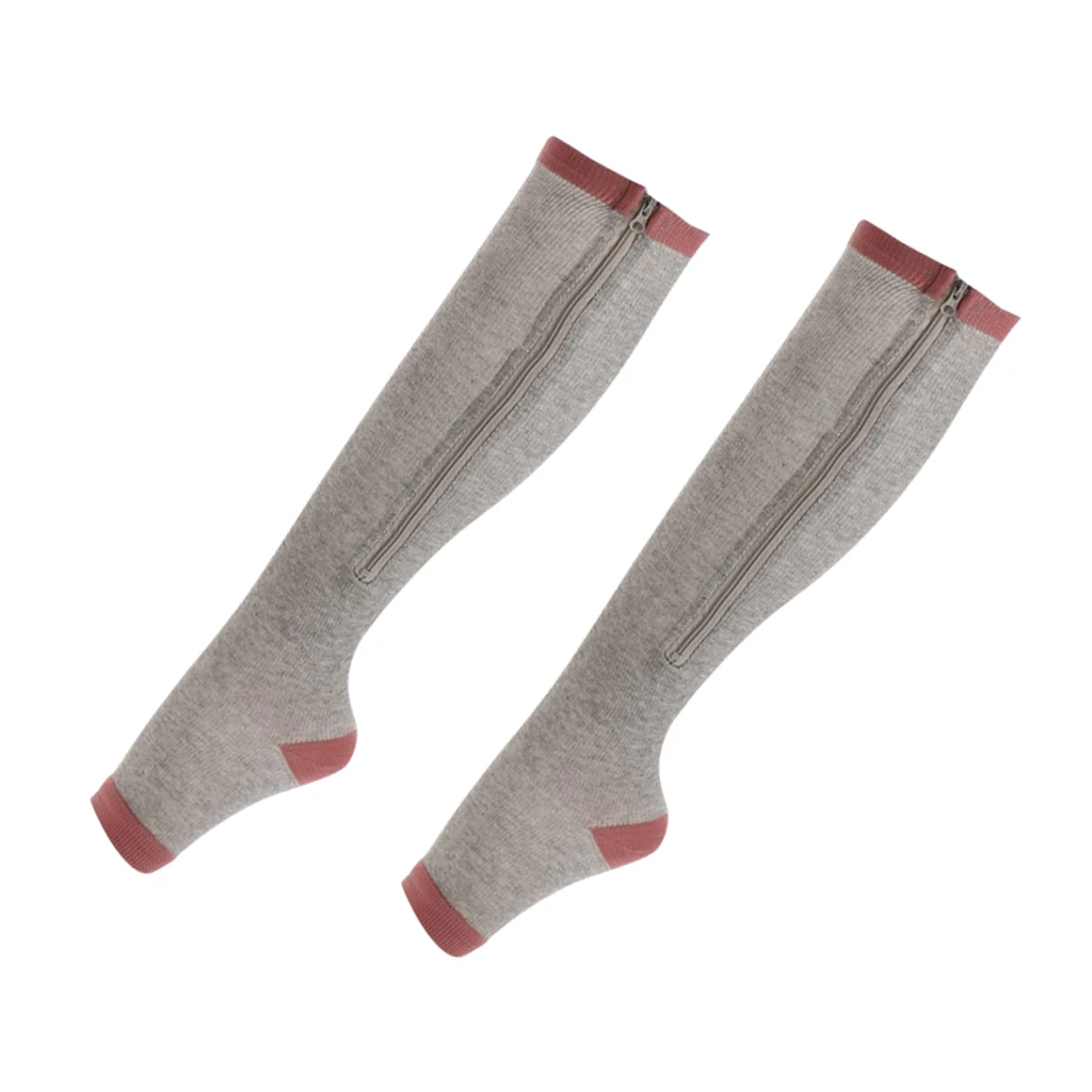 Compression Zip Up Socks Open-Toe Zipper Leg Support Knee Stocking Gray