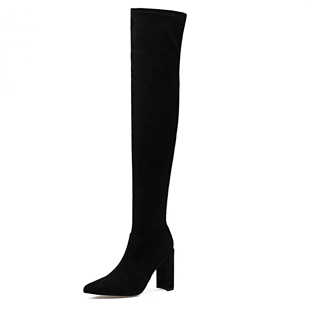 black 9.5 cm Модные черные сапоги выше колена; сезон осень-зима; женские зимние высокие сапоги на высоком каблуке; женские облегающие высокие сапоги с острым носком - Color: black 9.5 cm