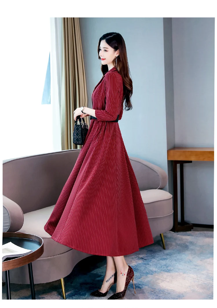 Autumn New A-line Vestidos Elegant Midi Dress Elegant Office Lady Work Women Casual Striped Notched 3/4 Sleeve Long Dress