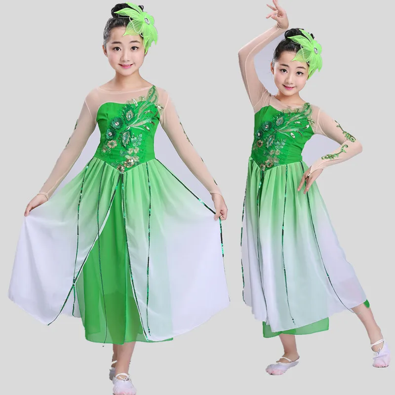 

Костюм китайского народного танца для женщин, новинка, детские костюмы народного танца, классический танцевальный костюм для девочек, зеленый Жасмин