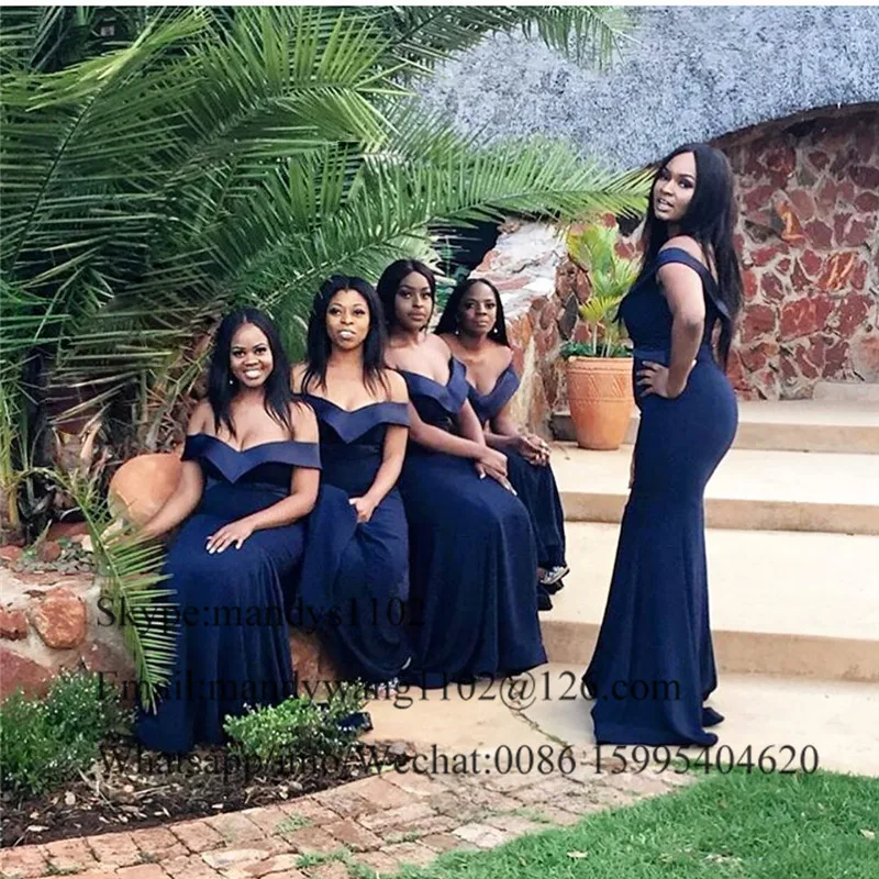 V-neck African Bridesmaid Dresses Long Navy Blue Mermaid Maid Of Honor Dress Formal Off Shoulder vestidos de fiesta de noch