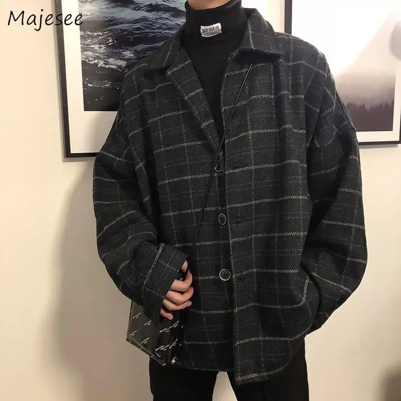 Woolen Coat Men Mid-long Plaid Vintage Blue Harajuku Thick High Quality Mens Clothing All-match Casual Korean Chic Fashion Daily Woolen Coat Men Mid-long Plaid Vintage Blue Harajuku Thick High Quality Mens Clothing All-match Casual Korean Chic Fashion Daily