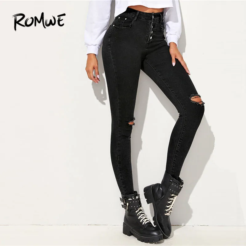 

ROMWE Black Wash Ripped Skinny Jeans Woman Casual Solid Spring High Waist Jeans Vintage Denim Button Fly Ladies Jeans