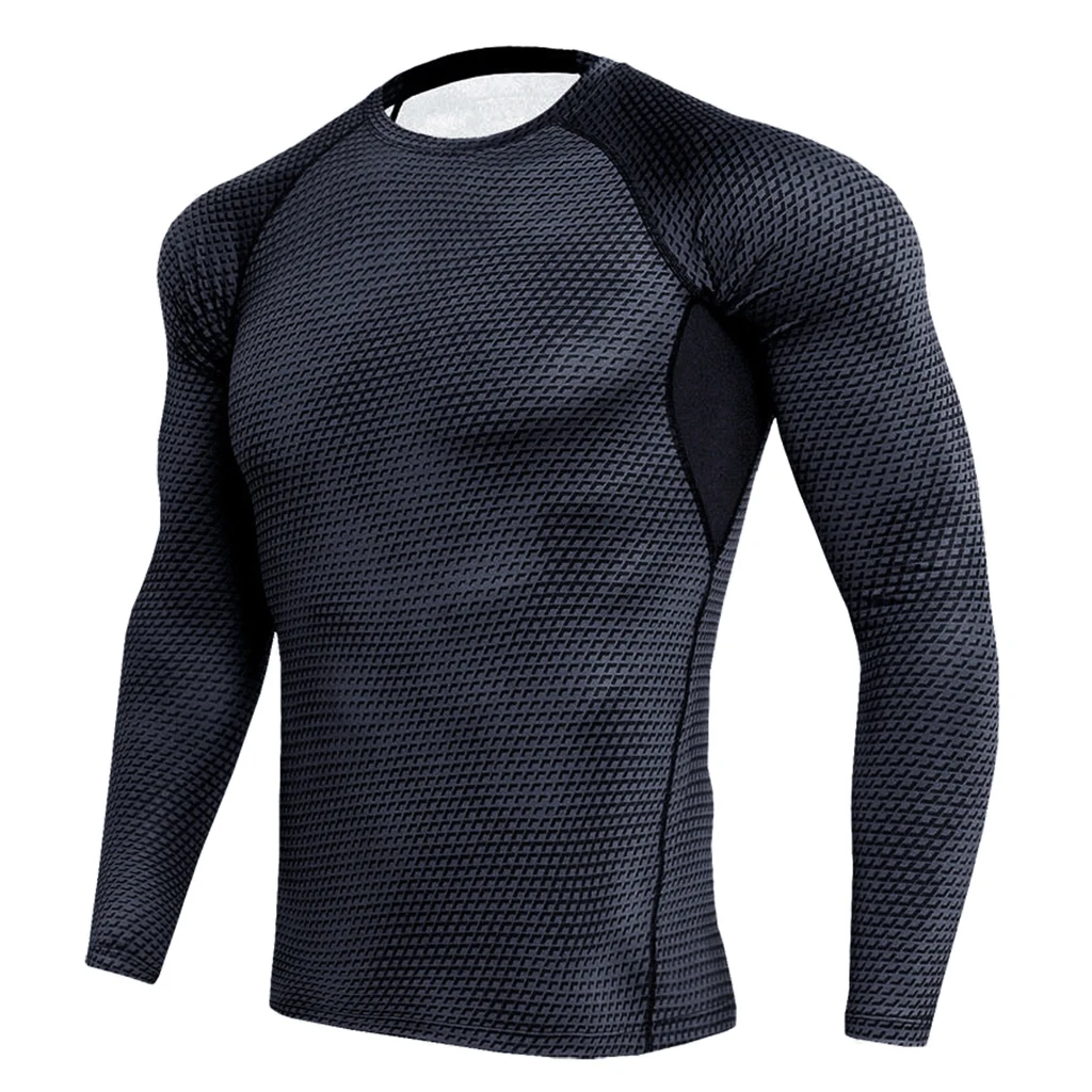 Men Black Long Sleeves Tights Sports Shirt Fitness Compression Tops S-3XL